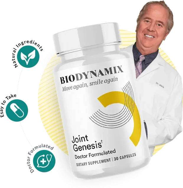 Joint Genesis bottle presented by Dr. Weis, with Natural Ingredients, Easy to Take and Doctor Formulated badges